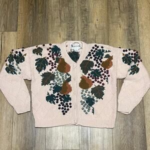 Vtg KNITTING NEEDLES Hand Knit Cardigan Sweater S Fall Fruit Cottagecore Granny